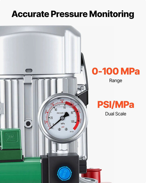 Close-up view of electric hydraulic pump power pack 750W 10000 PSI 120V gauge showing pressure range and units on the dial.