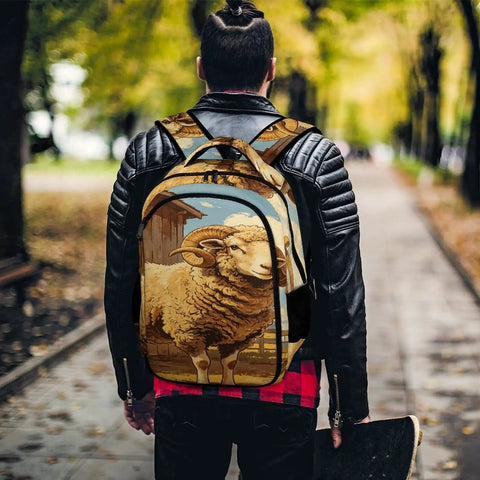 Curly Wool Ram Vintage Printed Unisex Backpack with Large Capacity, Durable Polyester, Breathable Fabric, Smooth Zipper, The Go To Everyday Daypack for School, Travel, and Daily Use