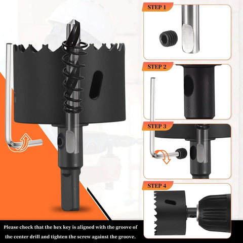 Bi-metal hole saw with center drill bit, 52mm cutter, black finish for thick stainless and hard steel sheets.