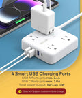 15ft Flat Plug Power Strip With 4 Widely Spaced Outlets And 4 USB Ports Including USB C, white next to phone charging.