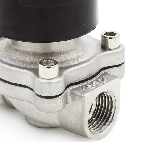 Stainless steel electric solenoid valve, 1/2 inch NPT, normally closed, close-up of threaded port