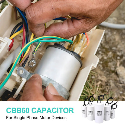 Beefed Up 10uF 450V CBB60 Motor Run Capacitor for single phase motors installation detail, wiring shown, white casing