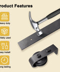 64-Inch Bifold Barn Door Hardware Kit showing metal components and hammer for assembly features.