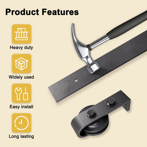 64-Inch Bifold Barn Door Hardware Kit showing metal components and hammer for assembly features.