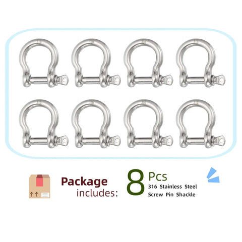No Sweat Marine Ready 316 Stainless Steel Screw Pin Bow Shackles, 3/16 Inch, 8 Packs of Heavy Duty Hardware.