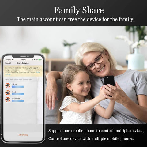 Grandmother and granddaughter sharing a smartphone to demonstrate Family Share feature of Total Game Changer Smart ZigBee Power Strip.