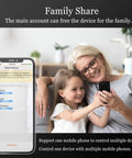 Family sharing feature displayed on phone screen next to grandmother and child smiling while using the device.
