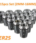 Super Sharp ER25 Collet Chuck Holder Set With 15 Precision Inserts For Milling Drilling Tapping CNC Boring And Sculpture Projects In 2-16mm Range Made From Top Tier Carbon Steel, showing 15 precision collets.