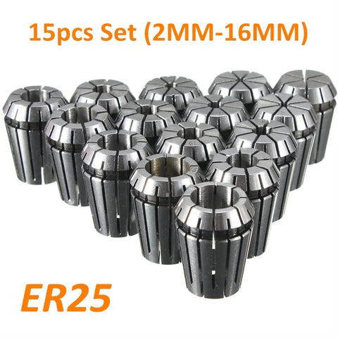 Super Sharp ER25 Collet Chuck Holder Set With 15 Precision Inserts For Milling Drilling Tapping CNC Boring And Sculpture Projects In 2-16mm Range Made From Top Tier Carbon Steel, showing 15 precision collets.