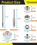 Image showing product size details of Built Tough 15mm Snap Button Kit With 60 Sets And 240 Pieces Marine Grade 304 Stainless Steel Snaps Rustproof And Waterproof For Canvas Fabric Leather And Furniture Repairs DIY Includes 3 Setting Tools with specific measurements for tools and snap components.