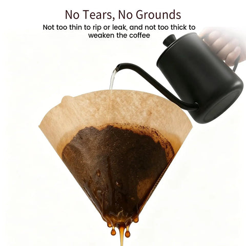 Pouring hot water over Cone Coffee Filters Size 02 Unbleached, 200 Count, 2-4 Cup, showing coffee drip process.