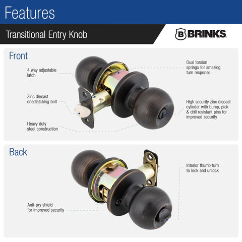 Transitional Keyed Entry Door Knob In Tuscan Bronze Exterior Lock Set showing front and back features, durable design.