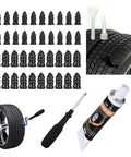 Heavy Duty Screw Tire Repair Kit With Forty Pre Coated Rubber Plugs and tools for sealing punctures on tires.