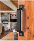 Black Rustic Barn Door Handle Set 6.42 Inch Two Pack For Gates Sheds Garages And Sliding Doors Heavy Duty Satin Finish Farmhouse Industrial Style Indoor Outdoor Exterior Interior Pulls installed on wooden door