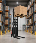 Heavy Duty Semi Electric Pallet Stacker Delivering 3300 Lbs Capacity High Lift Industrial Warehouse Jack lifting pallet in warehouse.