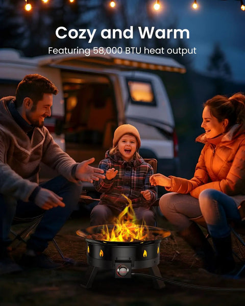 Family enjoying warmth from 58,000 BTU Portable Propane Fire Pit With Grill Grate Folding Legs Tank Holder Hose Hooks Cover And Carry Strap