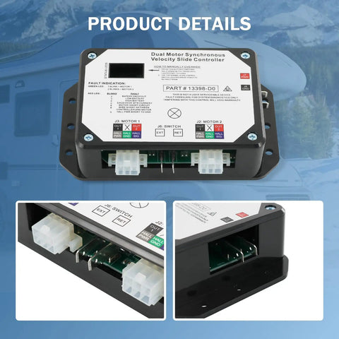 Close-up of Dual Motor Synchronous Velocity RV Slide Controller Replacement Part 13398 D0 V Sync II for in-wall Lippert slides