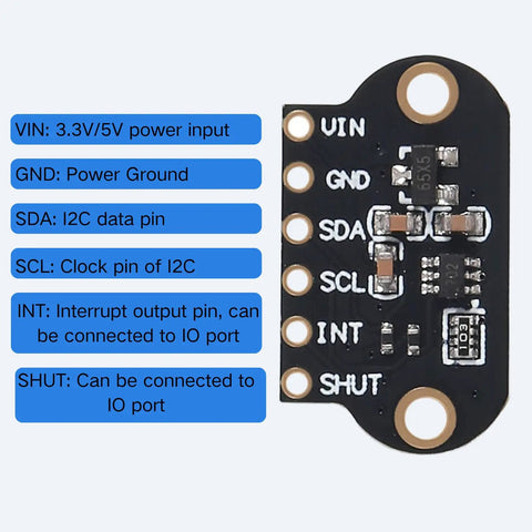 Three Pack ToF Laser Ranging Sensor Module VL53L1X With Four Meter Range for Drones, Warehouse AGVs, Ceiling Occupancy Detection, 50 Hz Measurement, Absolute Distance Sensor Kit for Precise Distance Sensing on black PCB with VIN, GND, SDA, SCL, INT, SHUT pins