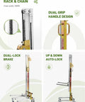 Heavy Duty Portable Fork Lift Manual Stacker With Winch features dual-lock brakes and dual grip handles for ergonomic use.