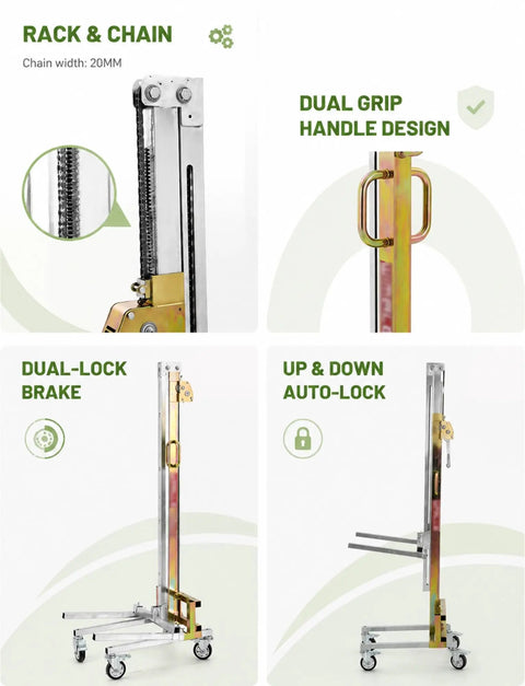 Heavy Duty Portable Fork Lift Manual Stacker With Winch features dual-lock brakes and dual grip handles for ergonomic use.
