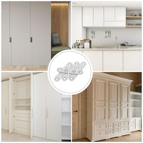 Heavy Duty Stainless Steel Shelf Brackets Set With Four Hole Flat Brackets And 120 Screws displayed next to cabinetry