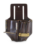 Front view of 4 Pocket Pliers Hammer Holder Pencils And Tape Holder Leather Tool Pouch Full Grain Dark Tan Multi Tool Belt Holder