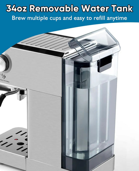 Espresso Machine 20 Bar Compact Coffee Maker With Powerful Steam Wand For Lattes And Cappuccinos Stainless Steel Espresso Maker With 34 Oz Removable Water Tank For Quick Barista Level Brews At Home showing side view with removable water tank