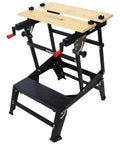 Hella Tough Portable Workbench Featuring A Heavy Duty Vise Foldable Work Table Holding Up To 550 Pounds Ready For Woodworking Garage Diy Jobs Anywhere, black steel frame with wood top.