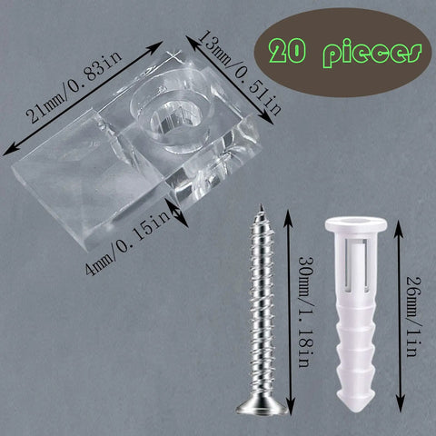 20 Piece Heavy Lifter Plastic Mirror Mounting Clips Kit With Premium Stainless Screws showing clip dimensions and screw details.