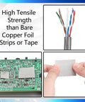 Copper Fabric Strips With Conductive Adhesive applied on electronic circuit board and held by hand, ideal for EMI shielding and repairs.