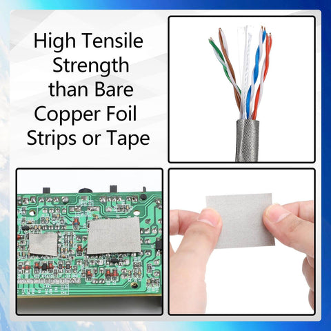 Copper Fabric Strips With Conductive Adhesive applied on electronic circuit board and held by hand, ideal for EMI shielding and repairs.