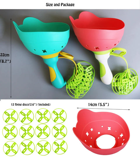 Disc Launcher And Catcher Toy For Outdoor Fun Ideal For Backyard Play And Family Time Flying Disc Spinner Helicopter Propeller Game With 12 Mini Discs For Boys And Girls Ages 4 To 10 showing toy dimensions and included discs.