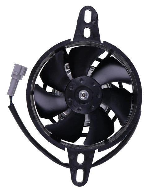 Badass 4 Inch Universal Motorcycle Radiator Cooling Fan Electric Water And Oil Cooler For Dirt Bike Atv Motocross 12 Volt 300 Cfm Waterproof Plug Keep Things Chill Upgrade, top view showing blades and connector.