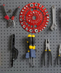 Nut And Bolt Thread Checker Gauge For Standard And Metric Bolts, circle shaped, on a tool board with hanging hole and laser engravings.