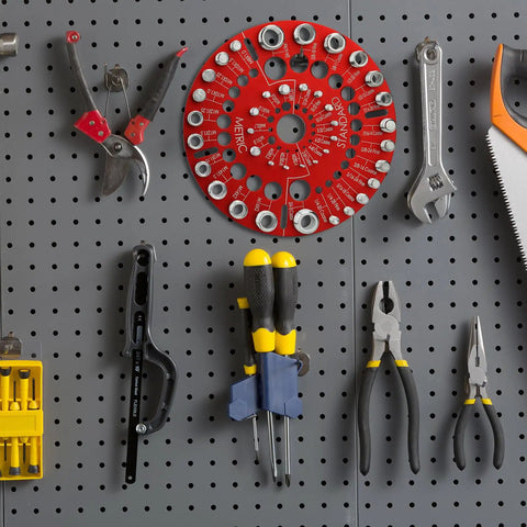 Nut And Bolt Thread Checker Gauge For Standard And Metric Bolts, circle shaped, on a tool board with hanging hole and laser engravings.