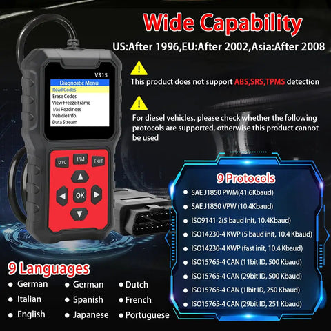 OBD2 Car Diagnostic Scanner with screen menu displaying diagnostic options and controls, suitable for vehicles since 1996.