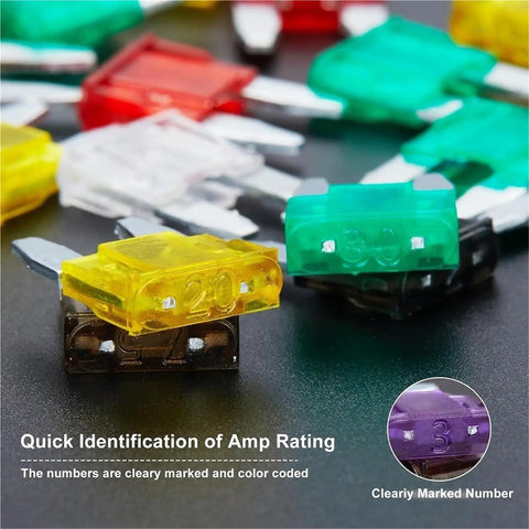 Color-coded blade fuses from 170 Piece Blade Fuse Assortment Kit With Maxi 30A 100A And 5A To 30A Fuses For Marine RV Camper Boat Truck Replacement Color Coded And Easy To Identify Wide Vehicle Application