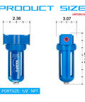 Zinc Alloy Desiccant Air Dryer Inline Filter With Moisture Water Separator And Poly Bowl dimensions shown with 1/2 inch NPT port size.