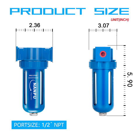 Zinc Alloy Desiccant Air Dryer Inline Filter With Moisture Water Separator And Poly Bowl dimensions shown with 1/2 inch NPT port size.