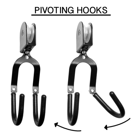 Ceiling Mount Bike Hoist Set Of 2 With Pulley System And Bike Hangers Easy Overhead Storage For Garage Or Workshop Holds Up To 55 Lbs Each Heavy Duty Rope Smooth Operation Space Saving pivoting hooks with black coated hooks and pulley wheels
