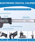 Electronic digital caliper with LCD display; black plastic body with blue accents, measures outer/inner diameter and depth.
