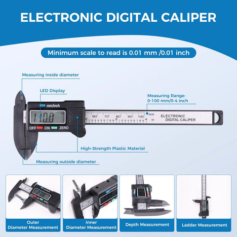 Electronic digital caliper with LCD display; black plastic body with blue accents, measures outer/inner diameter and depth.