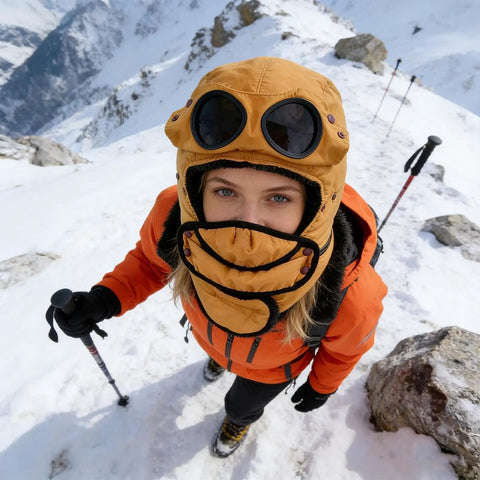 Person wearing Winter Hat With Thermal Barrier And Fleece Lining, Insulated Bonnet With Detachable Eye Shield in snow landscape