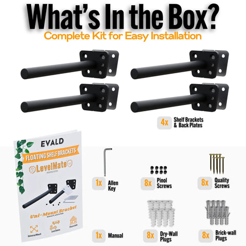 Badass Hidden Floating Shelf Brackets Featuring Slick Pinol Screw Tech For Rock Solid Zero Sag Mounts Ideal For Heavy Mantels Kitchen Shelving Decor Projects With Quick Hardware Setup Four Pack contents including brackets and screws.