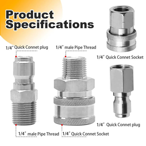 Two Pack One Quarter Inch NPT Quick Connect Couplers in Stainless Steel for Pressure Washers, Built Tough With Ball Lock Design