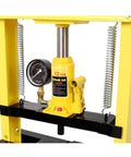Hardcore 12 Ton Hydraulic Shop Press With Pressure Gauge And Rock Solid Steel Frame Bottle Jack Rig, yellow hydraulic jack close-up.
