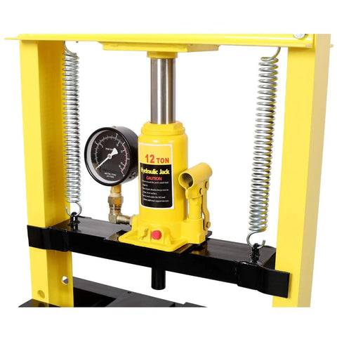 Hardcore 12 Ton Hydraulic Shop Press With Pressure Gauge And Rock Solid Steel Frame Bottle Jack Rig, yellow hydraulic jack close-up.