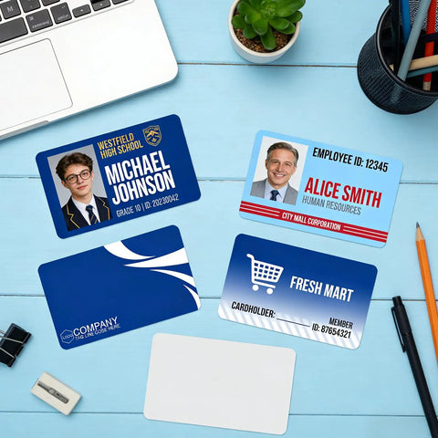 Top Shelf 1000 Pack Blank CR80 PVC ID Cards, Thick 30 Mil White Plastic Credit Card Size Swipes on a desk.
