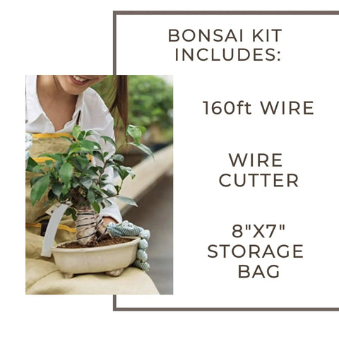 Woman using Pro Grade Aluminum Bonsai Wire Kit 160ft With Cutter And Canvas Bag, shaping tree, text detailing contents.