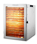 Heavy Duty Twelve Tray Food Dehydrator With Adjustable Temp And 800W Motor showing trays with drying fruits and vegetables inside.